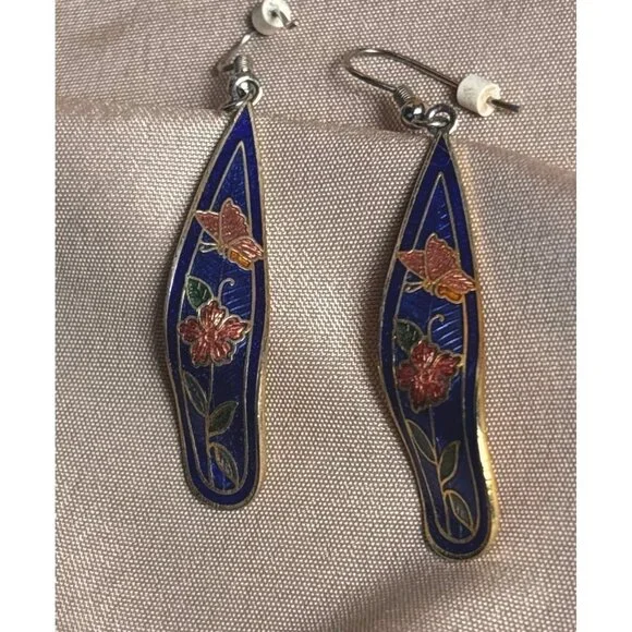 Vintage Cobalt Blue Cloisonné Drop Dangle Earrings Art Nouveau Style 2” - Picture 4 of 7